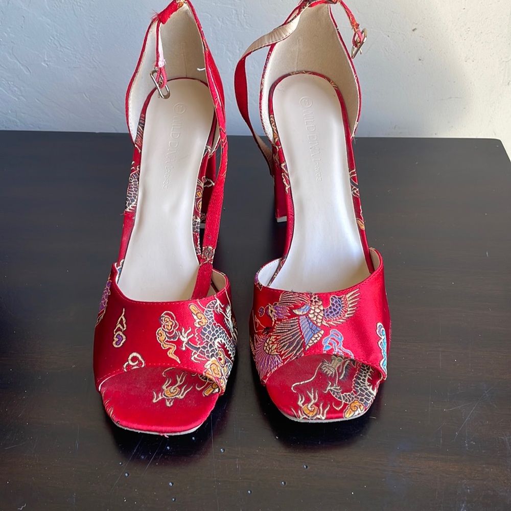 Red Oriental Print Heels